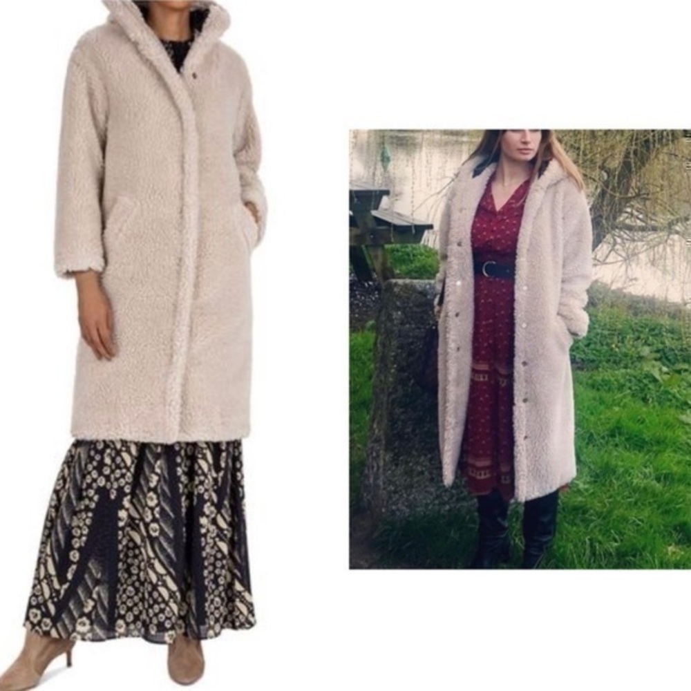 New ba&sh Paris Filip Teddy Coat Ecru Hooded Faux Fur Long Belted Coat Medium